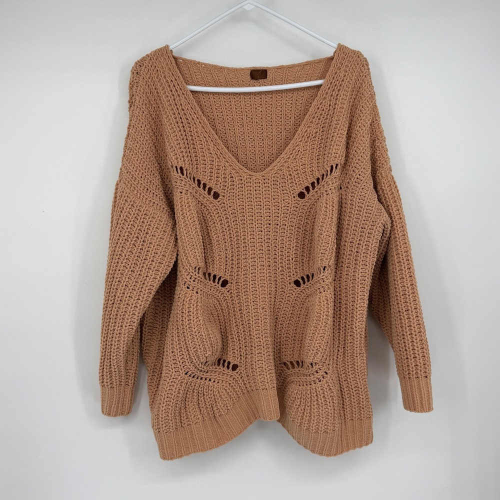 POL Womens Small Tan Chunky Knit Sweater Oversized V Neck Boho Openwork